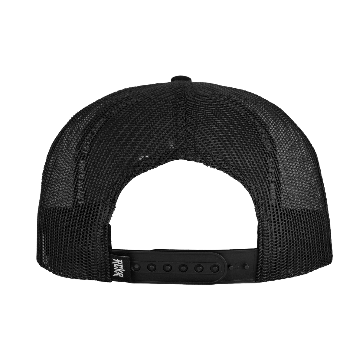 Rear view of black meshback hat