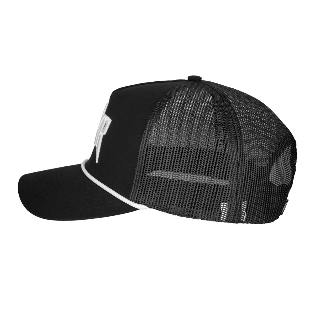 side view of black meshback hat