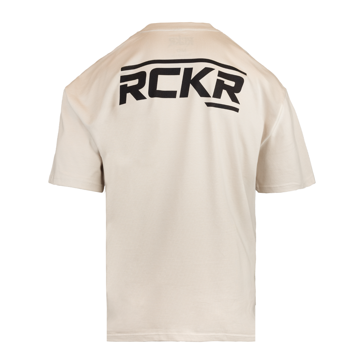Bone tee with "RCKR" logo on back
