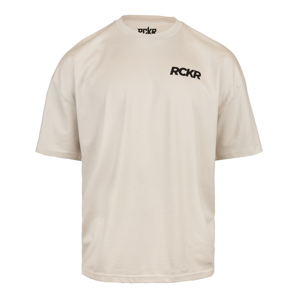Bone tee with "RCKR" logo on left chest