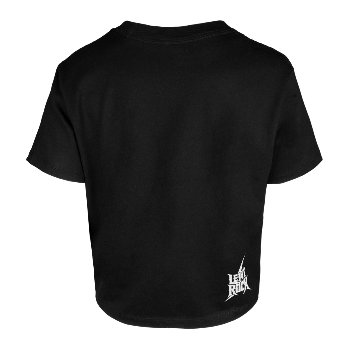 rear view of black RCKR Ladies HW Boxy Logo Tee with "LET IT ROCK" text on lower right back
