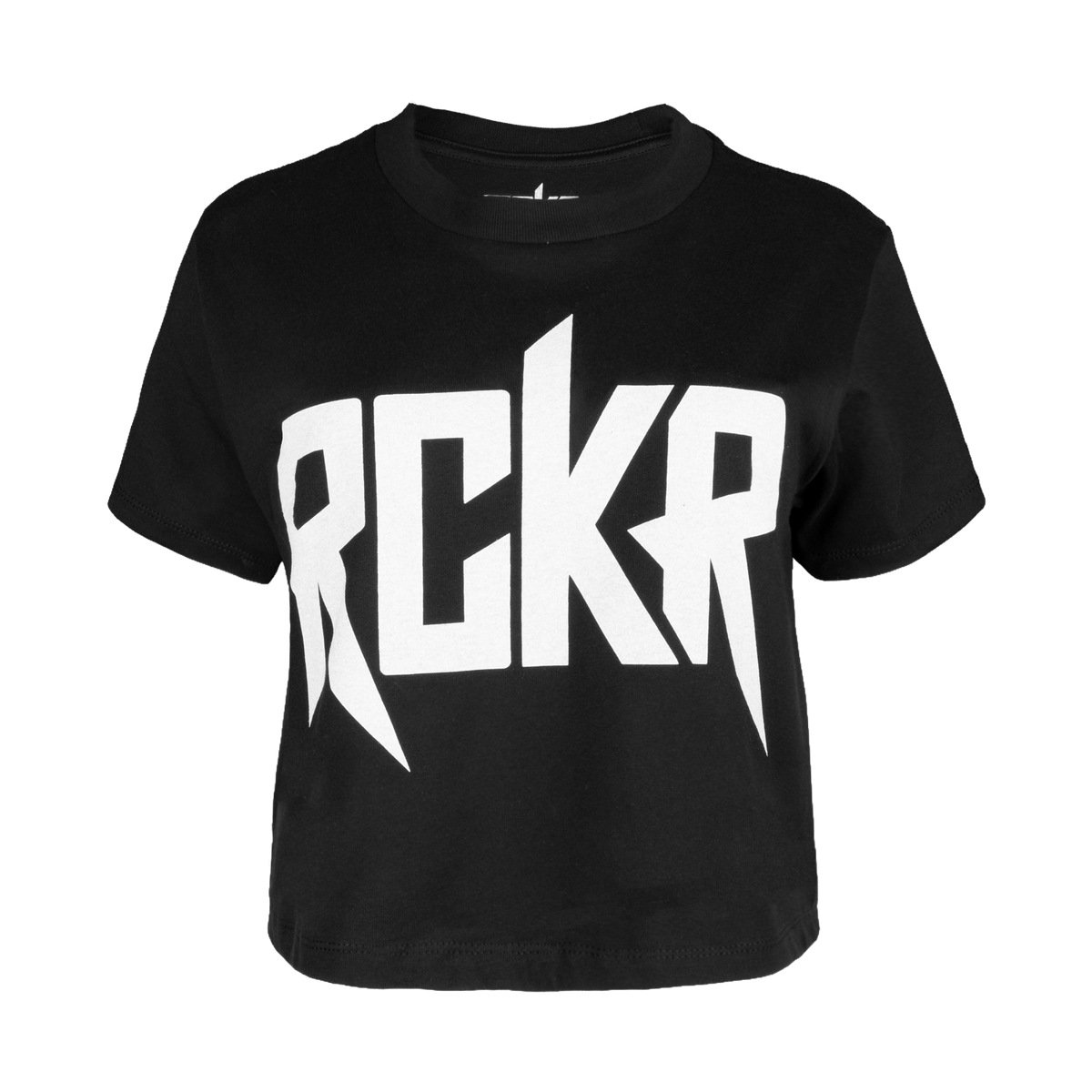 Black RCKR Ladies HW Boxy Logo Tee with white RCKR logo