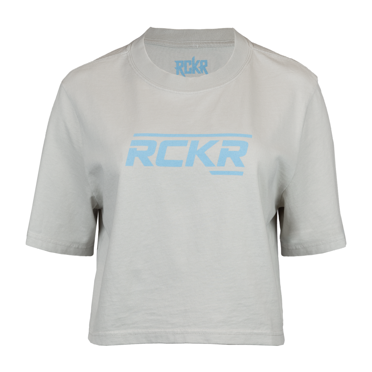 Faded bone crop tee with "RCKR" logo on chest