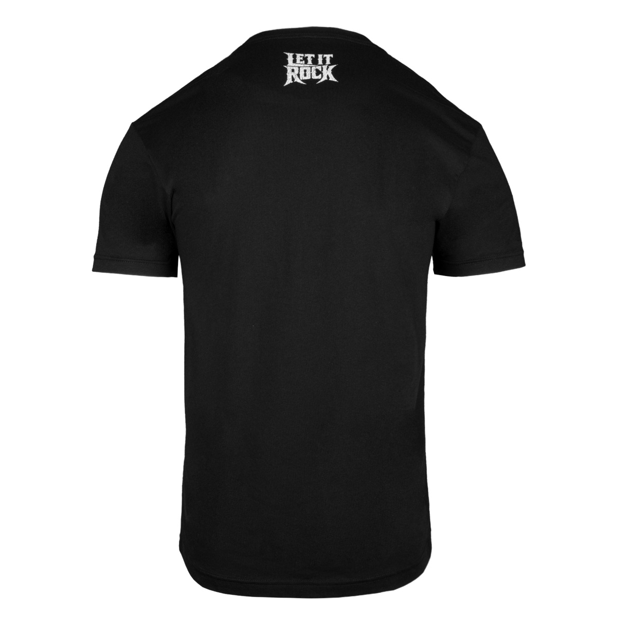 Rear view of black RCKR Mens Logo Tee with "LET IT ROCK" text below neckline