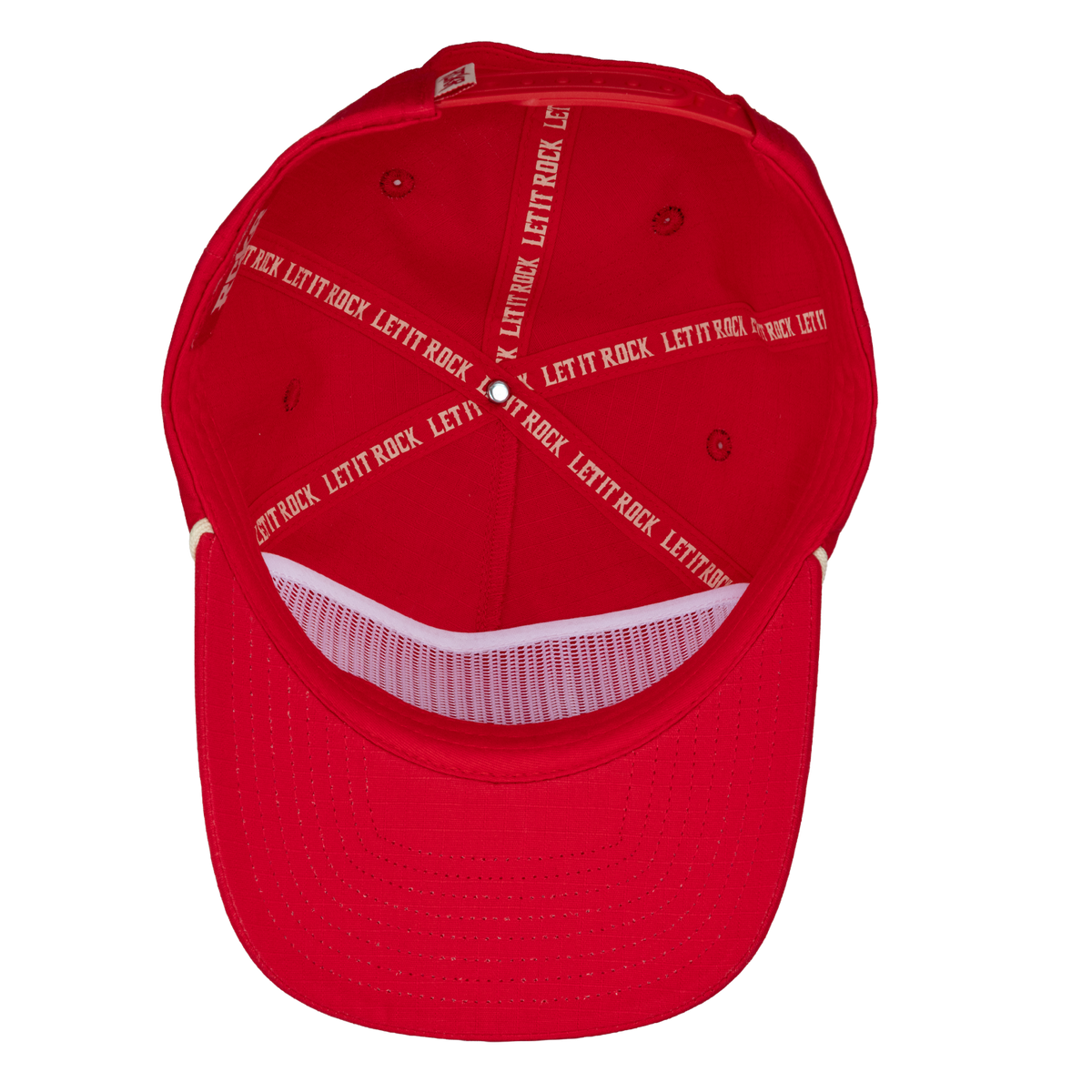 Interior view of red hat with "LET IT ROCK" text on inside
