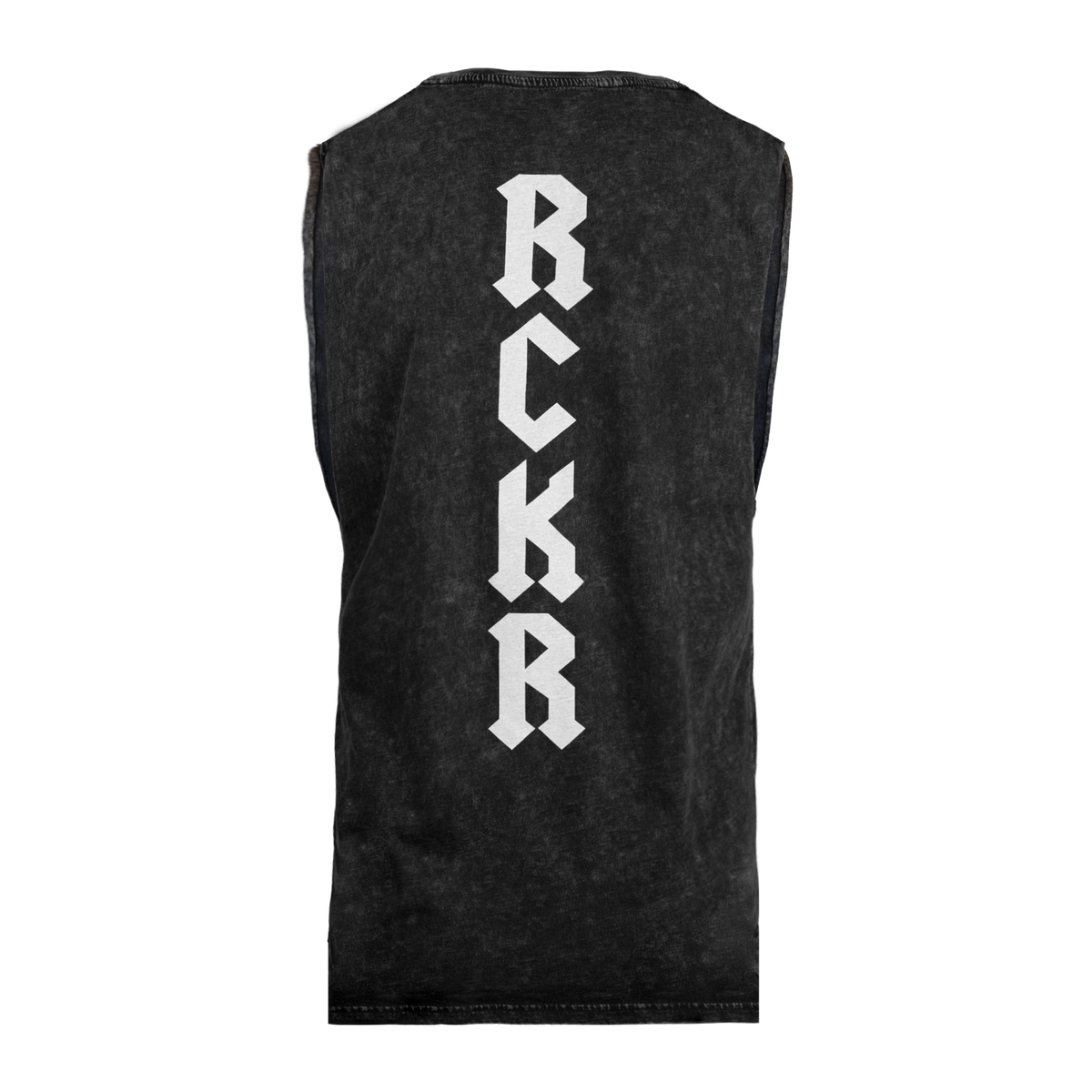 Rear view of black stone muscle tank with white vertical "RCKR" text on back