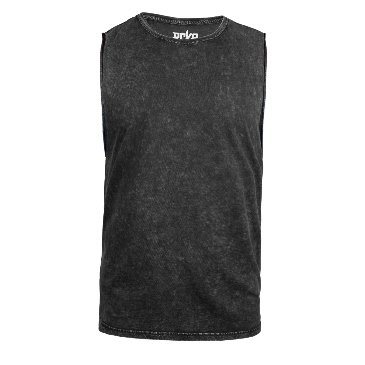 Black stone muscle tank with "RCKR" logo on inside of neck