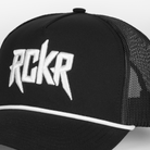 closeup of Black Hat with "RCKR" logo in white