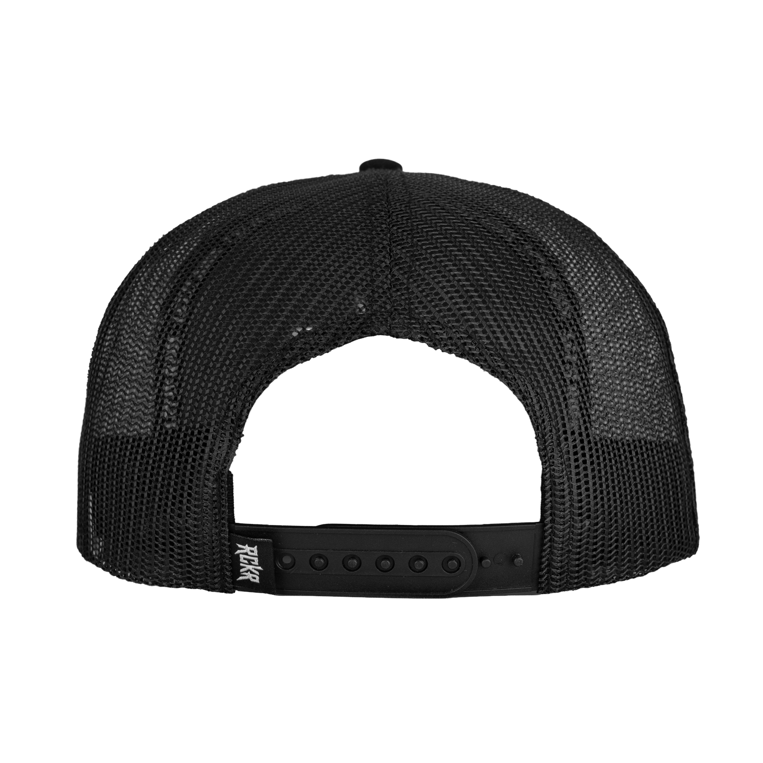 Rear view of black meshback hat