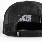 Rear view of meshback black hat with RCKR woven label