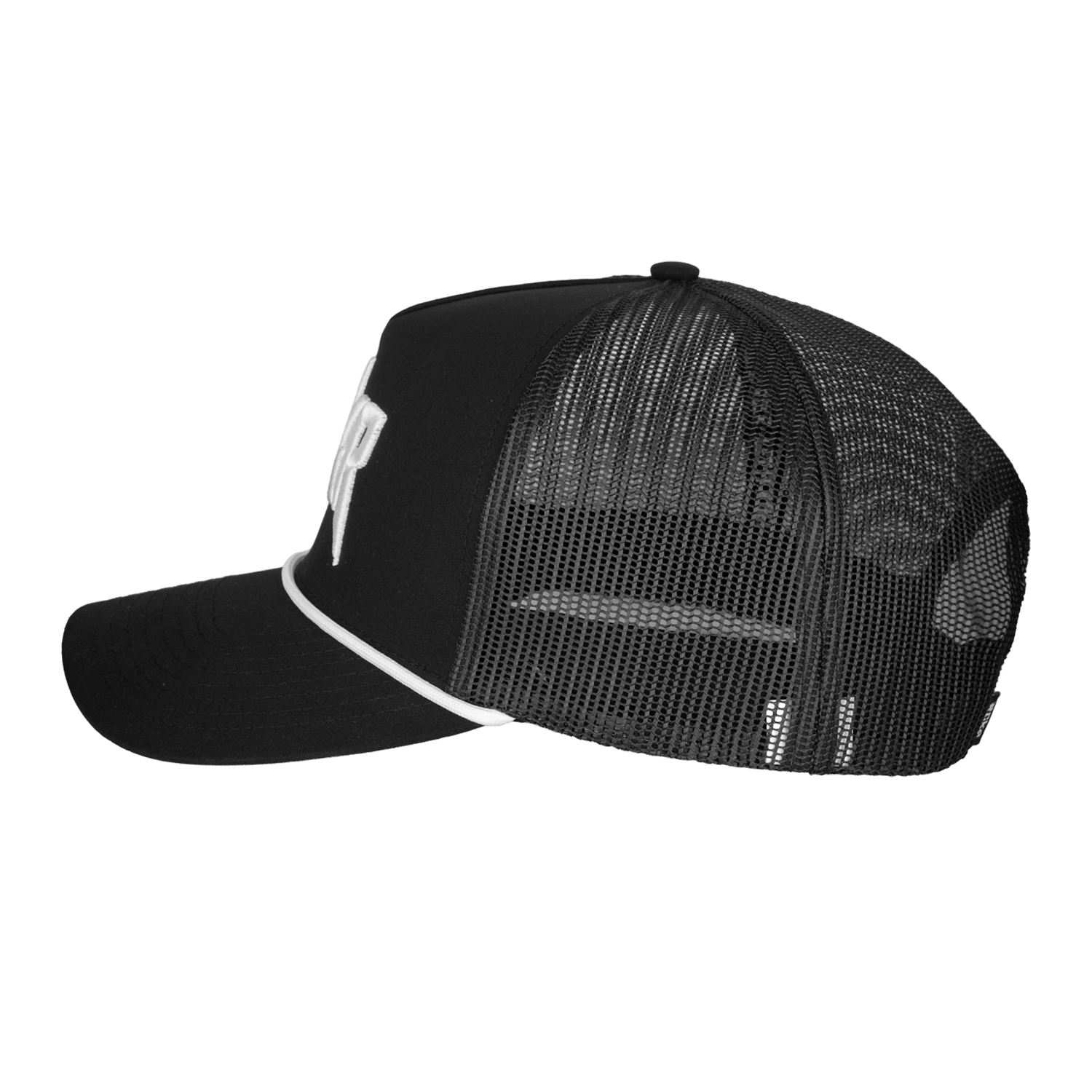 side view of black meshback hat