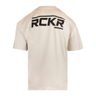 Bone tee with "RCKR" logo on back