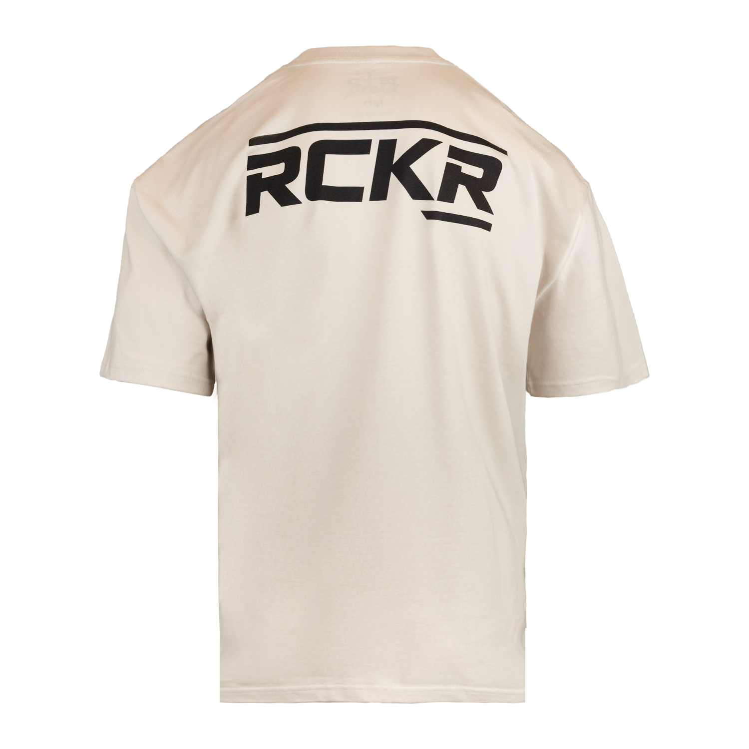Bone tee with "RCKR" logo on back