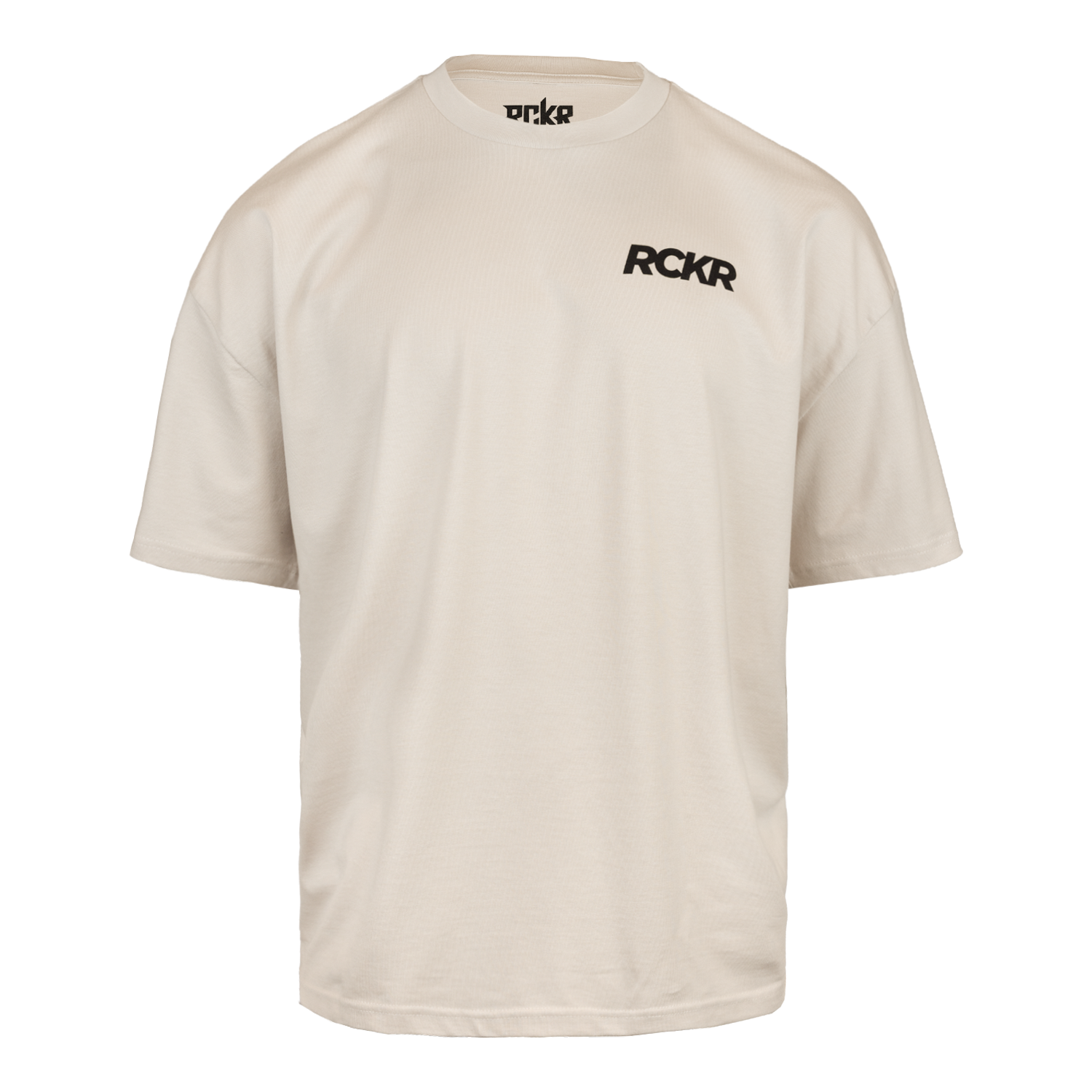 Bone tee with "RCKR" logo on left chest