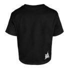 rear view of black RCKR Ladies HW Boxy  Logo Tee with "LET IT ROCK" text on lower right back