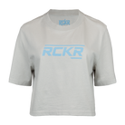 Faded bone crop tee with "RCKR" logo on chest