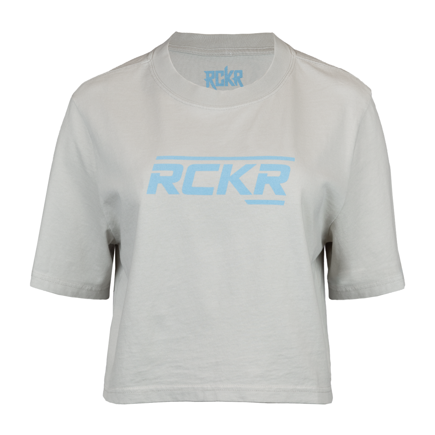 Faded bone crop tee with "RCKR" logo on chest