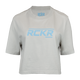 Faded bone crop tee with "RCKR" logo on chest