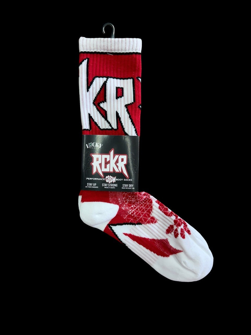 Red and white RCKR socks in packaging