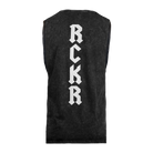 Rear view of black stone muscle tank with white vertical "RCKR" text on back