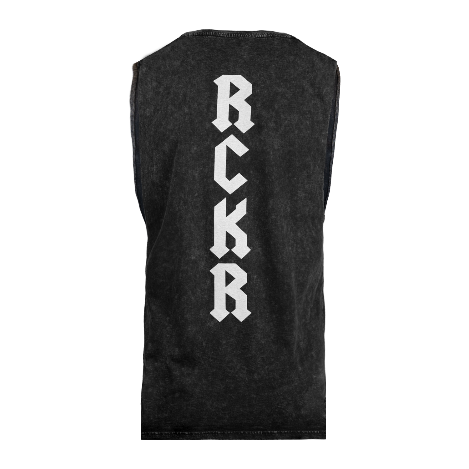 Rear view of black stone muscle tank with white vertical "RCKR" text on back