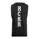 Rear view of black stone muscle tank with white vertical "RCKR" text on back