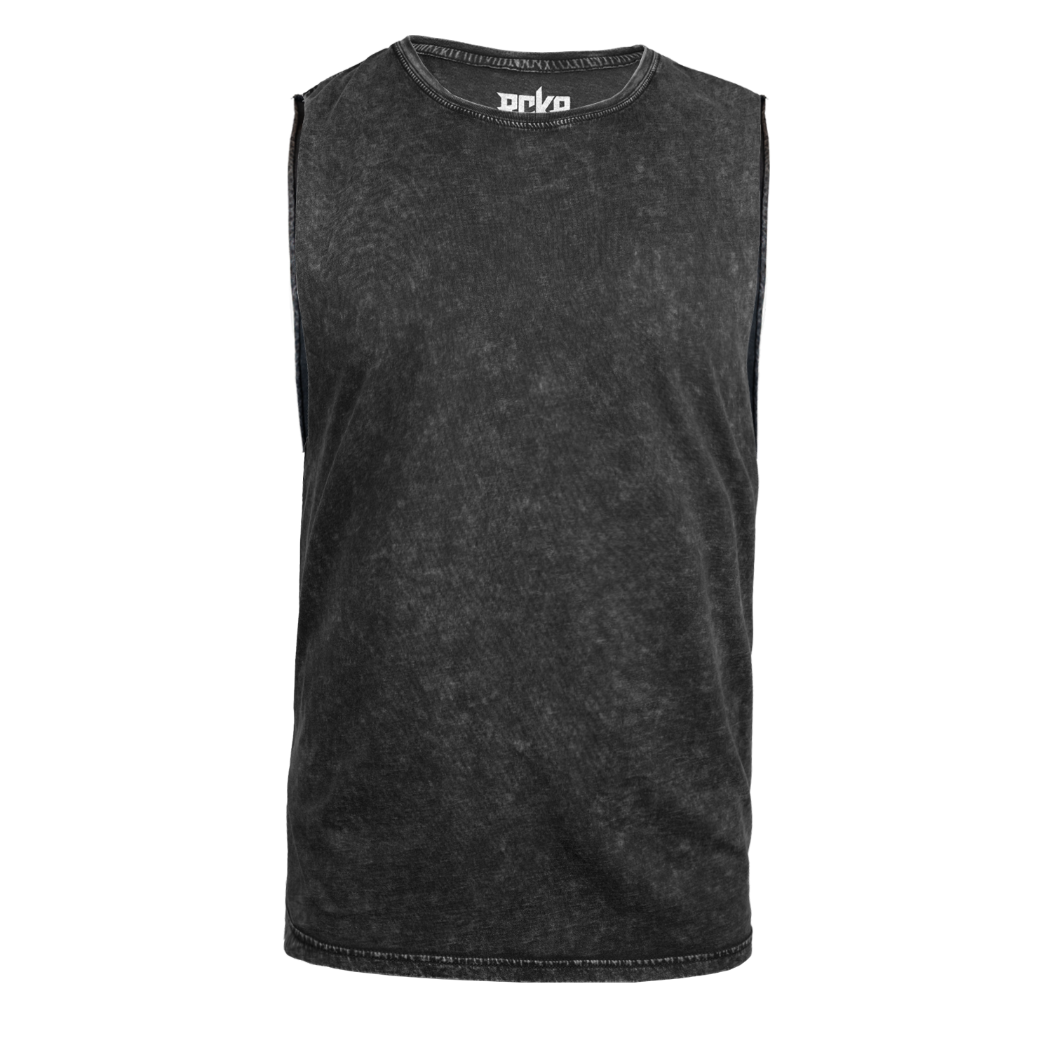 Black stone muscle tank with "RCKR" logo on inside of neck